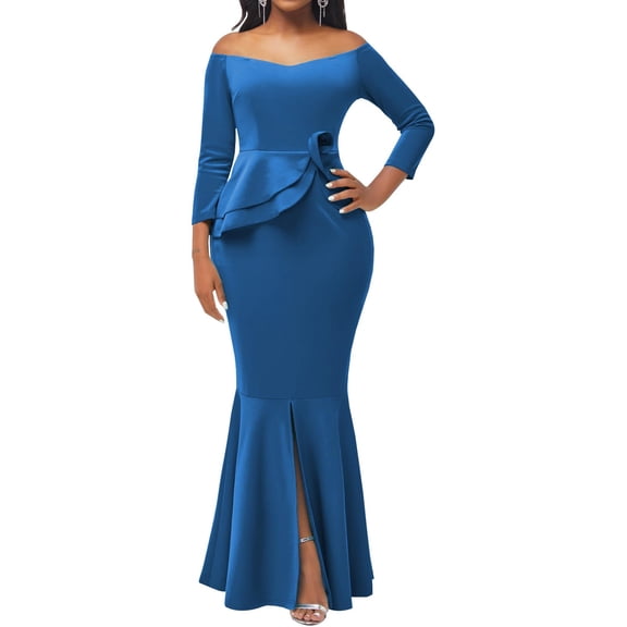 Bodycon Long Sleeve Dresses for Women Formal Off Shoulder Sexy Split Party Mermaid Dress with Zippe
