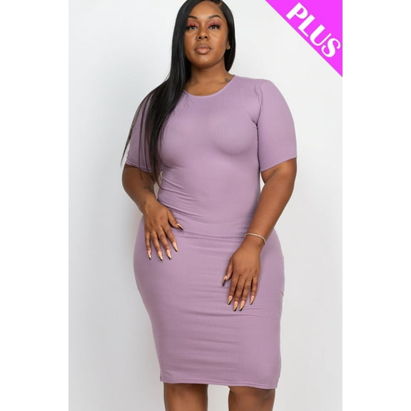 Bodycon Midi Dress with Short Sleeves in Plus Size Ribbed Fabric