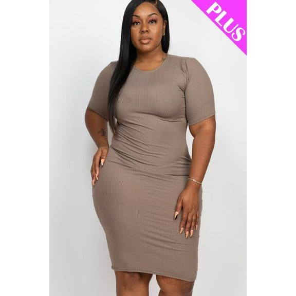 Bodycon Midi Dress with Short Sleeves in Plus Size Ribbed Fabric