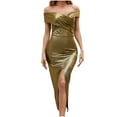 thumbnail image 1 of Bodycon Midi Dresses for Women Off Shoulder Slim Evening Party Club Dress Ruched Split Cocktail Dress Clubwear, 1 of 7