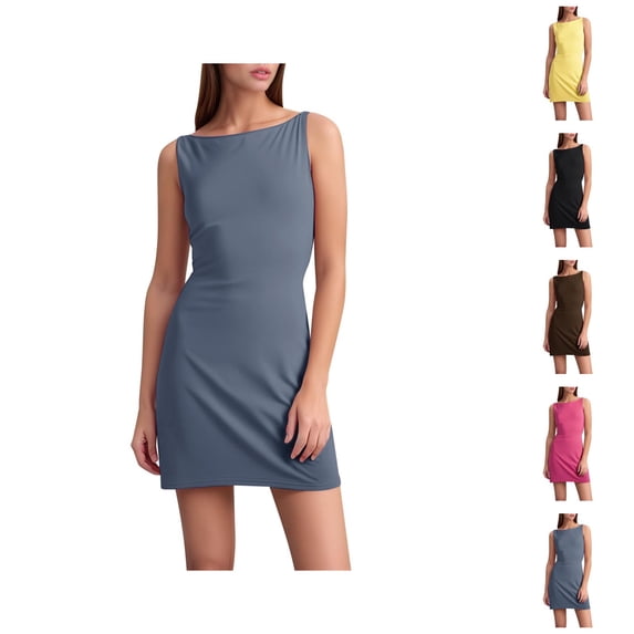 Bodycon Mini Dress for Women Summer Sleeveless Boat Neck Party Club Dress Casual Office Dresses