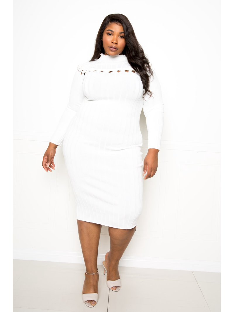 Bodycon Plus Size White Sweater Dress Bodycon Sweater Dress With Knot  Detail 1XL