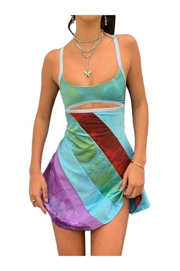 Bodycon Y2k Halter Mini Dress for Women Backless Sexy V Neck Summer Beach Sundress Vintage Party Dress Streetwear