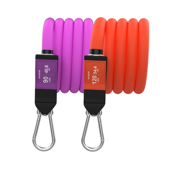 Bodylastics Stackable Resistance Bands - Max 90lb Purple and Max 120lb Orange Band Pack - Patented Snap Reduction Tech Workout Bands - Strong Nickel Coated Iron Clips