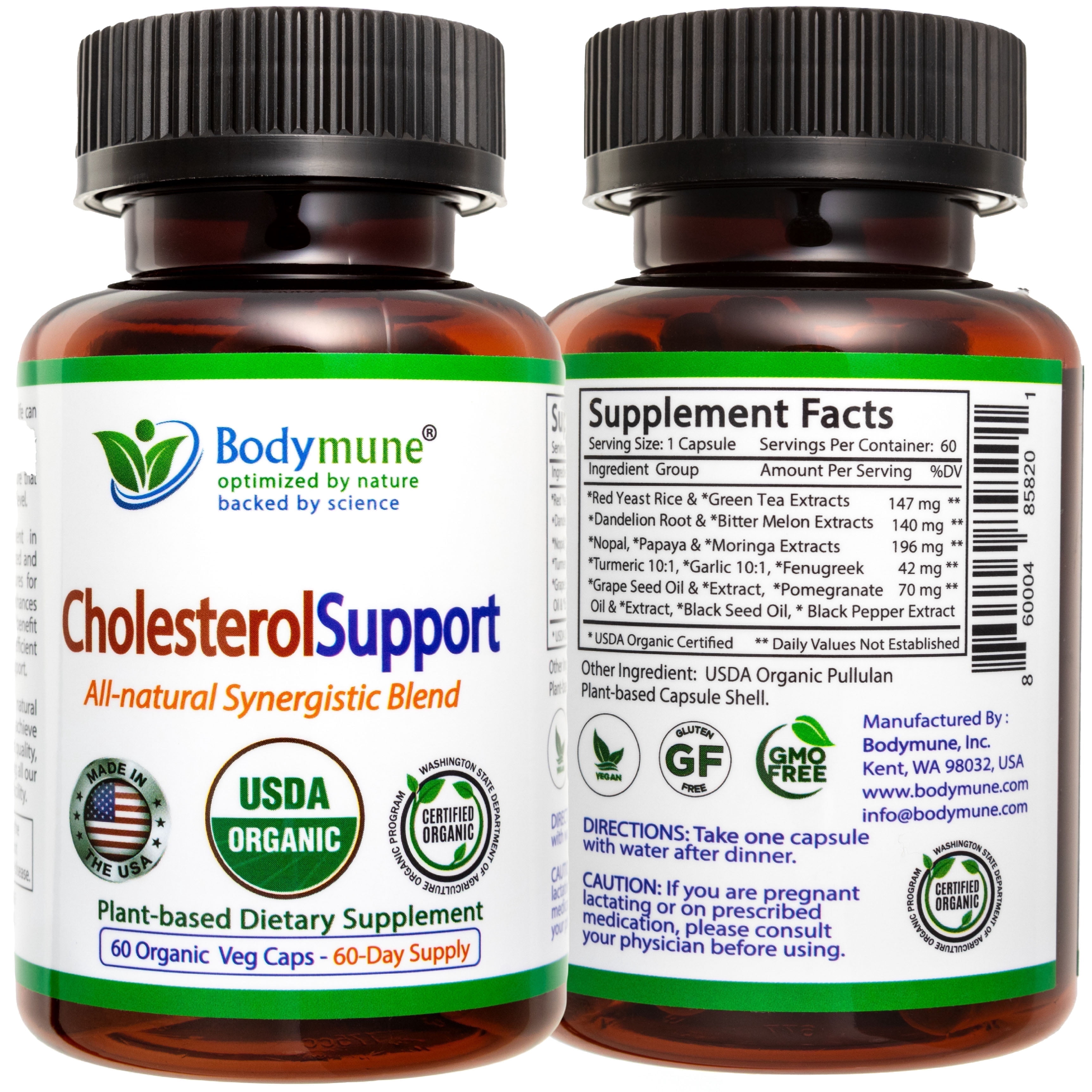 Bodymune CholesterolSupport | USDA Organic Supplement w/Extracts of Red Yeast Rice, Green Tea, Dandelion, Moringa | Supports Heart Health* | 60-Day Supply | Vegan, Non-GMO, Gluten-Free, Made in USA