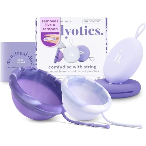 Bodyotics Comfydisc Reusable Menstrual Disc - 2-Pack (S & L), Purple, with Retrieval String & Pouch - Wear Up to 12 Hours, Leak-Proof, IUD-Compatible, Lasts Up to 10 Years