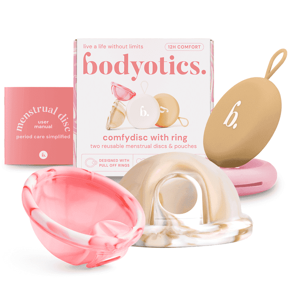 Bodyotics Reusable Menstrual Disc - 2-Pack (S & L), Pink & Beige - Body-Safe Silicone, Wear Up to 12 Hours, IUD-Compatible, with Carry Pouch