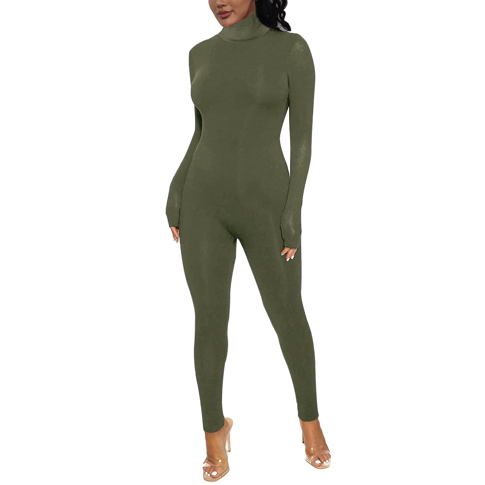 Women Jumpsuit Single-breasted Long Sleeve Solid Color Tight Bodysuit  Casual