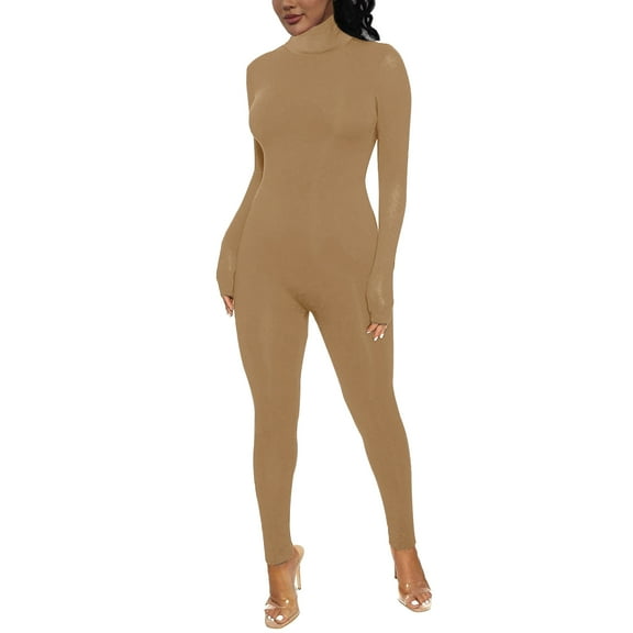 Bodysuit For Women Casual Tummy Control Large Solid Color Tight Sports Body Building Long Sleeve One Piece Jumpsuits For Women Khaki S