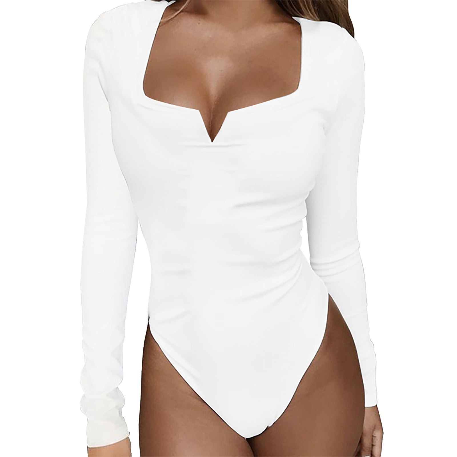 Bodysuit For Women Tummy Control Low Cut Leotards Deep V Neck Long Sleeve  Body Suits Tops Jumpsuits For Women Casual Summer White M