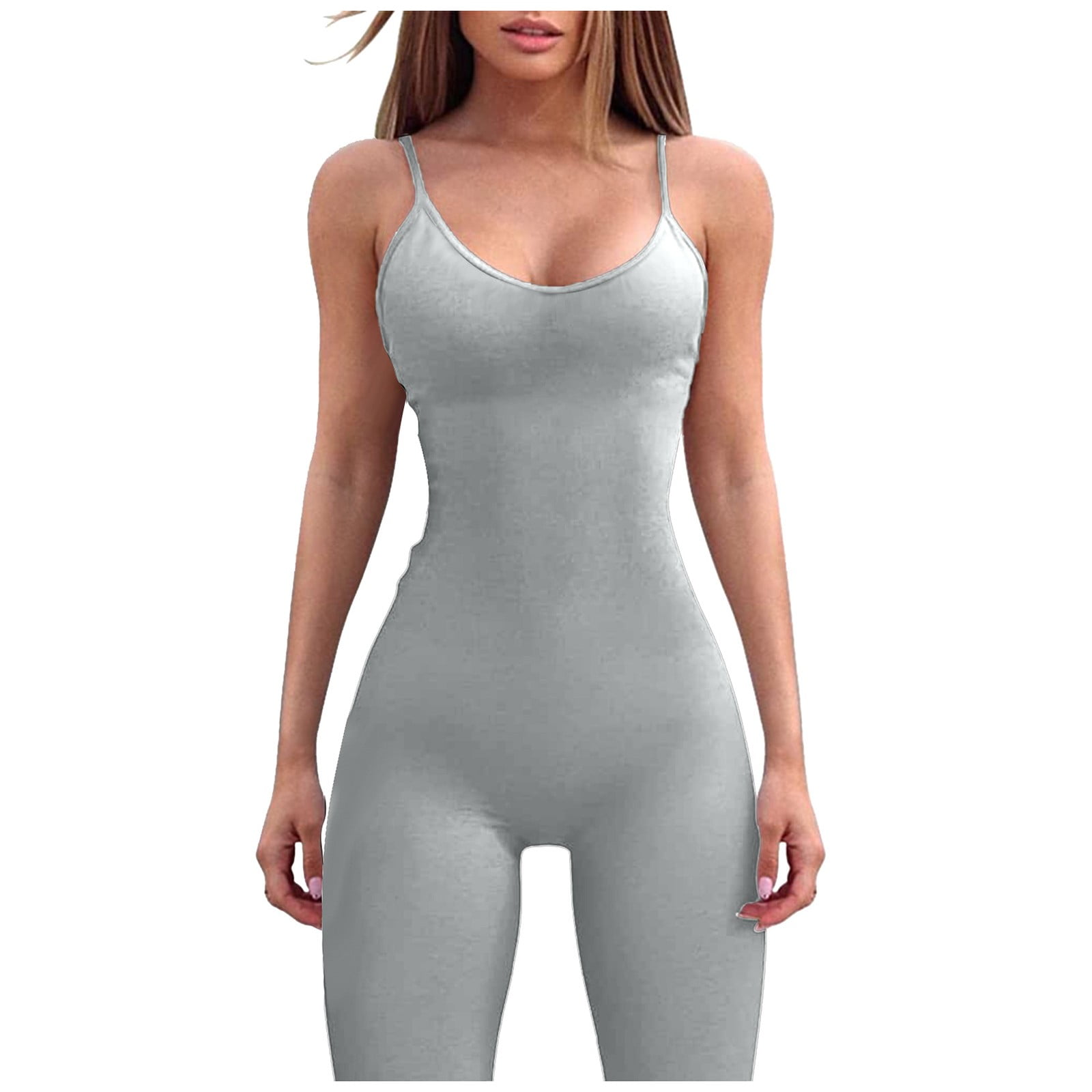 Bodysuit For Women Tummy Control Seamless Spaghetti Strap Leisure Yoga  Workout Gym Leggings Padded Bra Jumpsuits For Women Casual Summer Grey L
