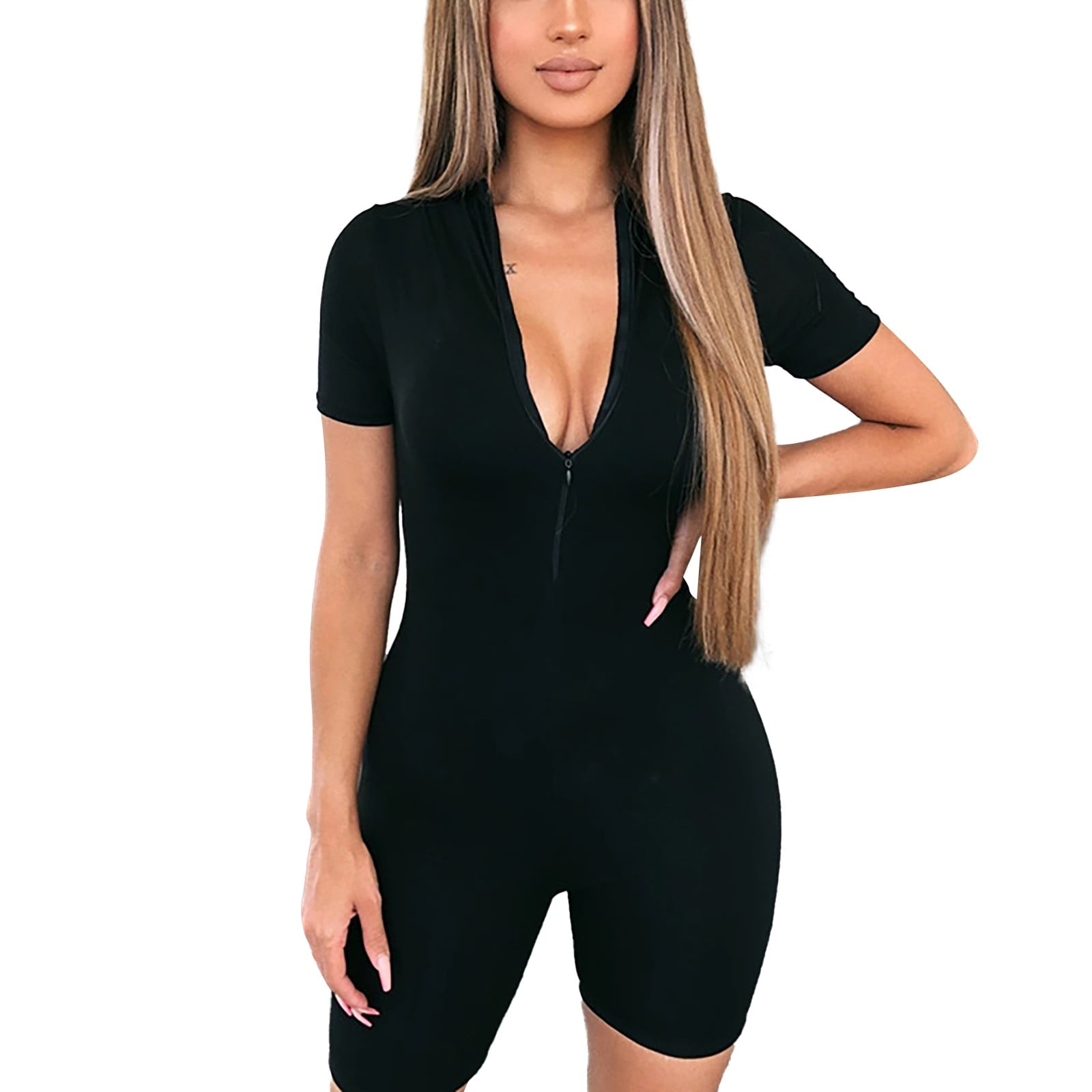 Bodysuit For Women Tummy Control Short Sleeve Bodycon Shorts Solid Color  Stretchy Onesie Romper Jumpsuits For Women Casual Summer Black L 
