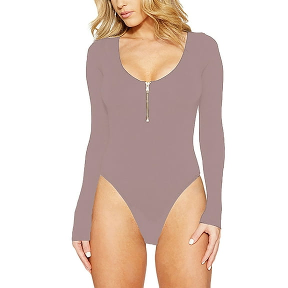 Bodysuit For Women Tummy Control Solid Color Long Sleeve Zipper Bottom Jumpsuits For Women Summer A M