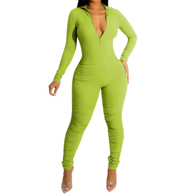 Bodysuit For Women Tummy Control Threaded Zipper V Neck Lifting Slim  Jumpsuits For Women Summer Green S 