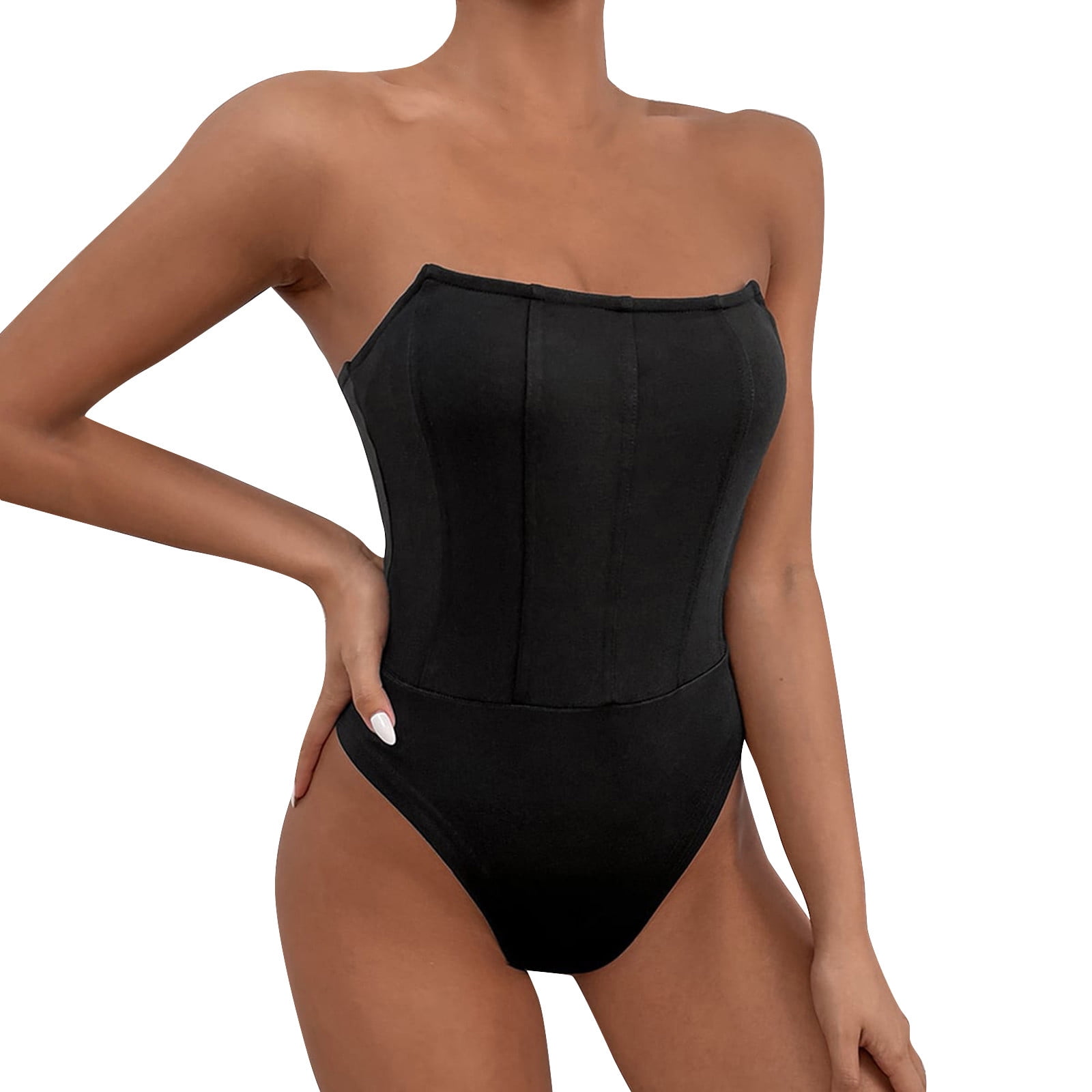 Bodysuit For Women Tummy Control Tube Top Stitching Solid Color Strapless Jumpsuits For Women Casual Summer Black XL Walmart