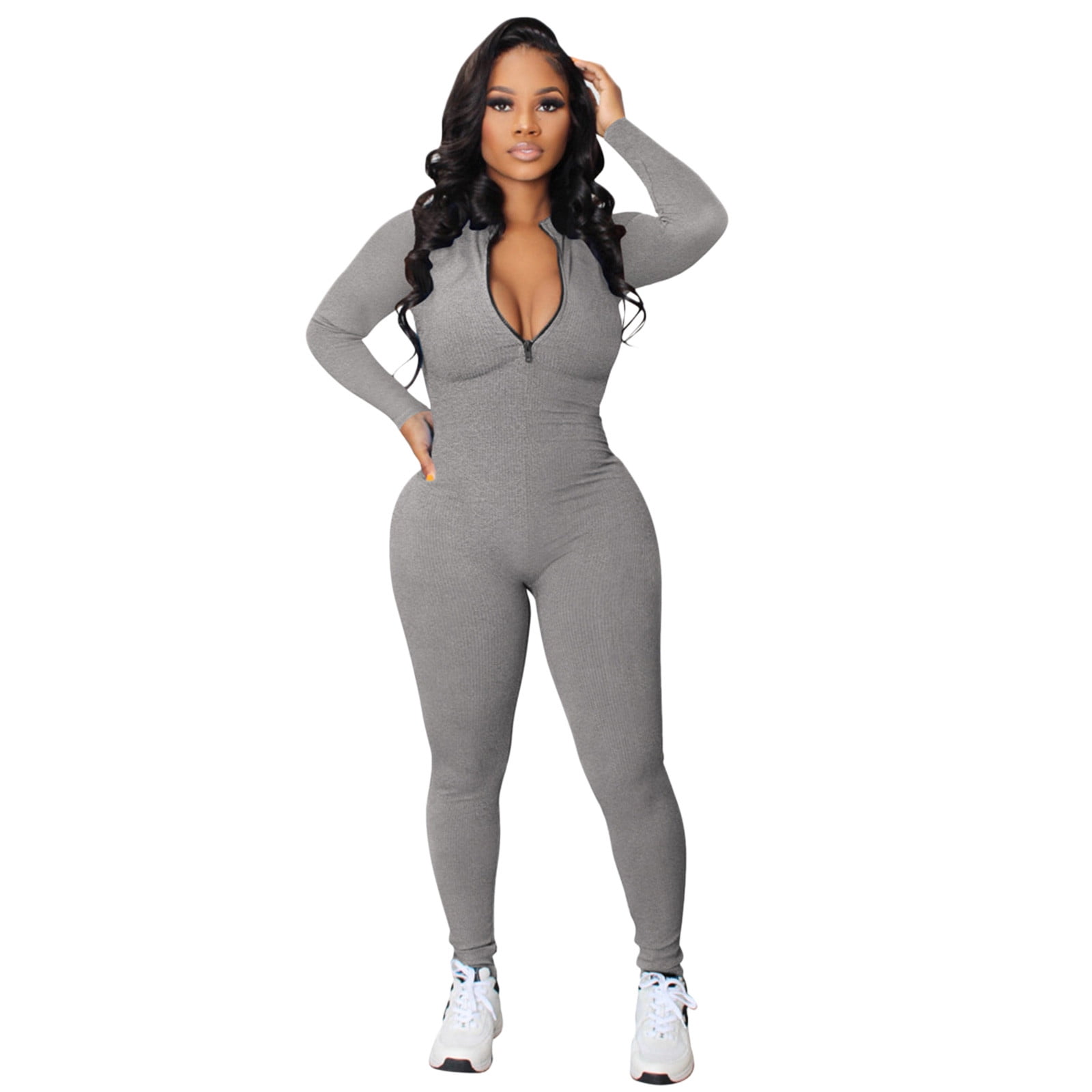 Bodysuit For Women Tummy Control Zipper V Neck Long Sleeve Rompers Catsuit  Sport One Piece Jumpsuits For Women A XL 