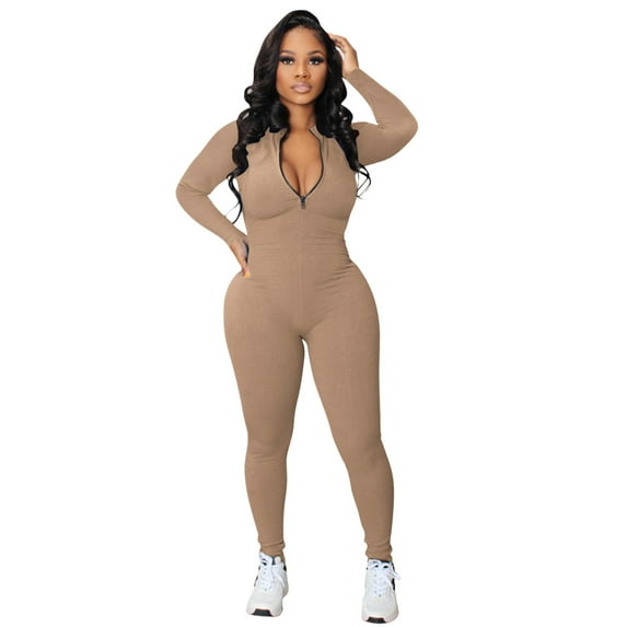 Bodysuit For Women Tummy Control Zipper V Neck Long Sleeve Rompers Catsuit Sport One Piece Jumpsuits For Women B XL