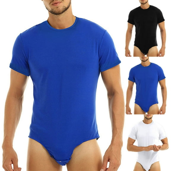Bodysuit Pajamas Bodybuilding Short Sleeve Solid Color Crew Neck Men One Piece Underwear Romper for Home