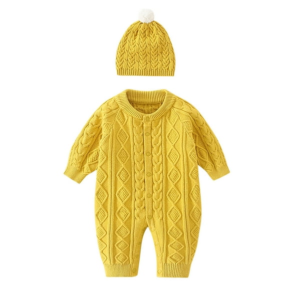 Bodysuit Soild Color Knit Cotton Hat Outfits Baby Fall Winter Long Sleeve Romper for Toddler Girl Warm Thick Button Sweater Kids Casual 2 Piece Set(Yellow,90 18 Months)