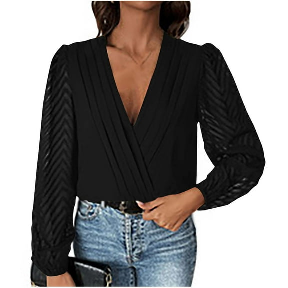 Bodysuit Tops for Women Long Sleeve Solid Color Deep V Neck Lace Sheer Mesh Going Out Tops Black M