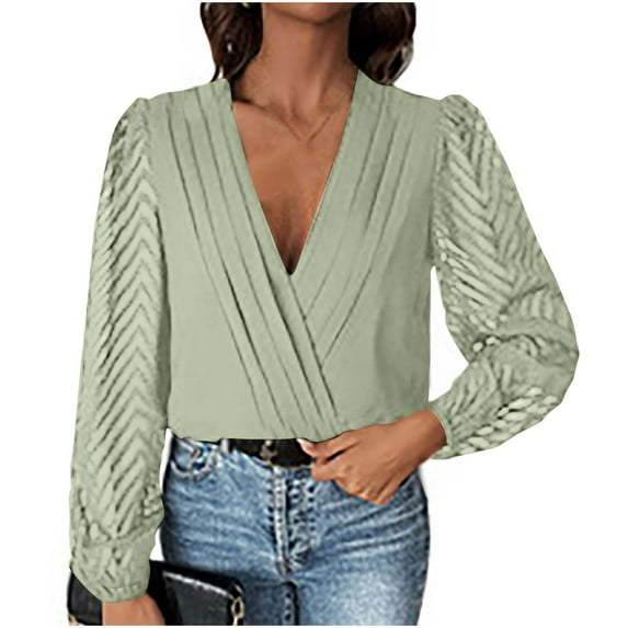 Bodysuit Tops for Women Long Sleeve Solid Color Deep V Neck Lace Sheer Mesh Going Out Tops Mint Green L