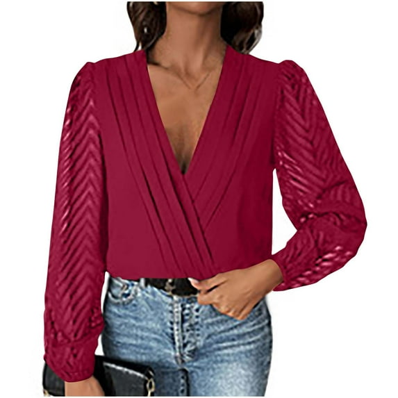 Bodysuit Tops for Women Long Sleeve Solid Color Deep V Neck Lace Sheer Mesh Going Out Tops Wine L