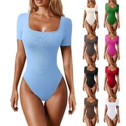 Bodysuit Tops for Women Slim Fit Short Sleeve Square Neck Ribbed Workout Body Suit Summer Basic T-shirts M, Sky Blue