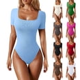 thumbnail image 1 of Bodysuit Tops for Women Slim Fit Short Sleeve Square Neck Ribbed Workout Body Suit Summer Basic T-shirts (XL, Sky Blue), 1 of 4