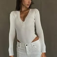 thumbnail image 1 of Bodysuit for Women Fall Tight Plunge Thong Strip Knit Body Suit Long Sleeve Button Front Skinny Shaping Autumn Outfits, White, M, 1 of 2