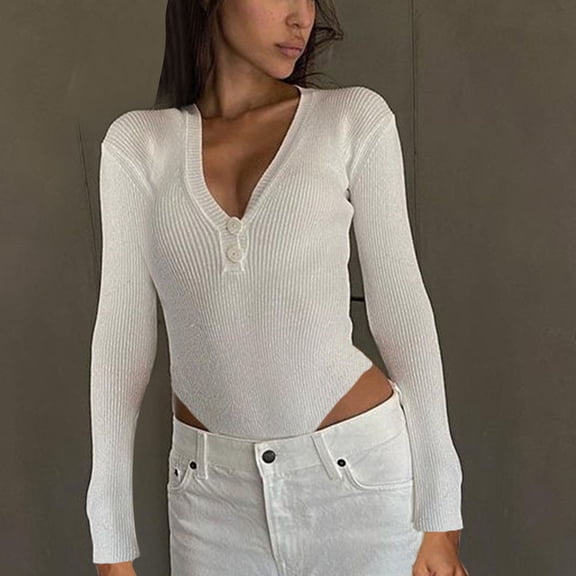 Bodysuit for Women Fall Tight Plunge Thong Strip Knit Body Suit Long Sleeve Button Front Skinny Shaping Autumn Outfits, White, M