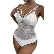 MLDRA Women Bodysuit Sexy Lace One Piece Lingerie Snap Crotch Deep V Underwear Short Sleeve Sleepwear Nightwear White