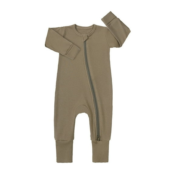Bodysuits For Boys 5T Unisex Baby Girl Solid Long Sleeve Two Way Zipper Romper Jumpsuits Baby Ribbed Pajamas Clothes Sets,Khaki,6-12 Months