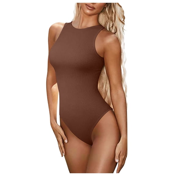 Bodysuits For Women Comfy Round Neck Sleeveless Bodysuits Ribbed One Piece Sleeveless Halter Neck Tank Top Bodysuits