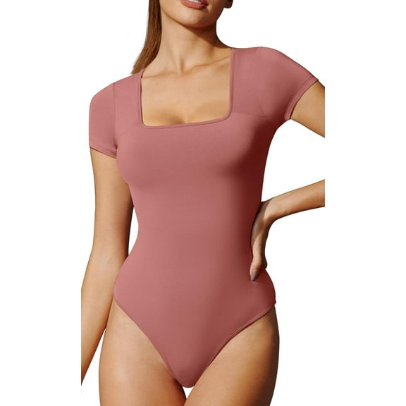 Bodysuits for Women Tummy Control Short Sleeve Square Neck Bodysuit Women's Slimming Basic Body Suit Tops