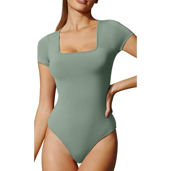 Bodysuits for Women Tummy Control Short Sleeve Square Neck Bodysuit Women's Slimming Basic Body Suit Tops