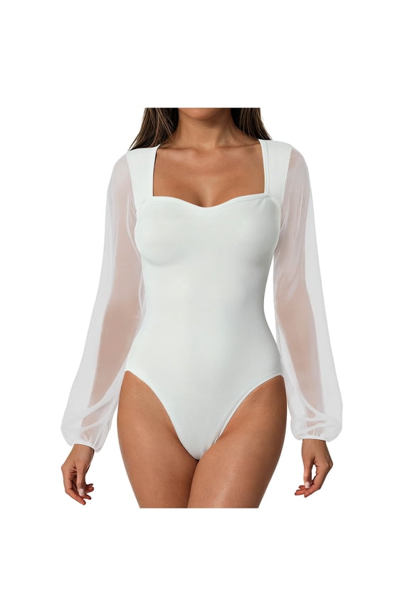 Bodysuits for Womens Puff Ribbed Long Sleeve Leotard Mesh Square Neck Thong Sexy Body Suits Concert Dance Stretch Daily Wear Slim Fit Tops