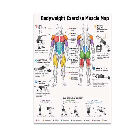 Bodyweight Exercise Muscle Map - Home Exercisers, 13 x 19 in Glossy Unframed Wall Poster, Vertical