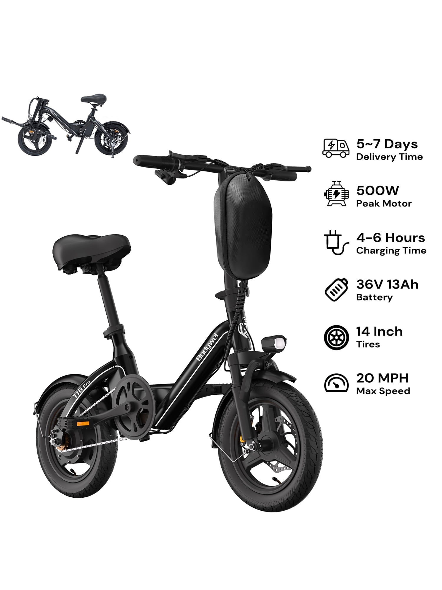 Bodywel 14" Electric Bike for Adults, Folding Electric Bicycle Peak 500W, 36V 13A Battery, City Commuter E Bike, 25 Miles Range, Mini Ebike, UL2849