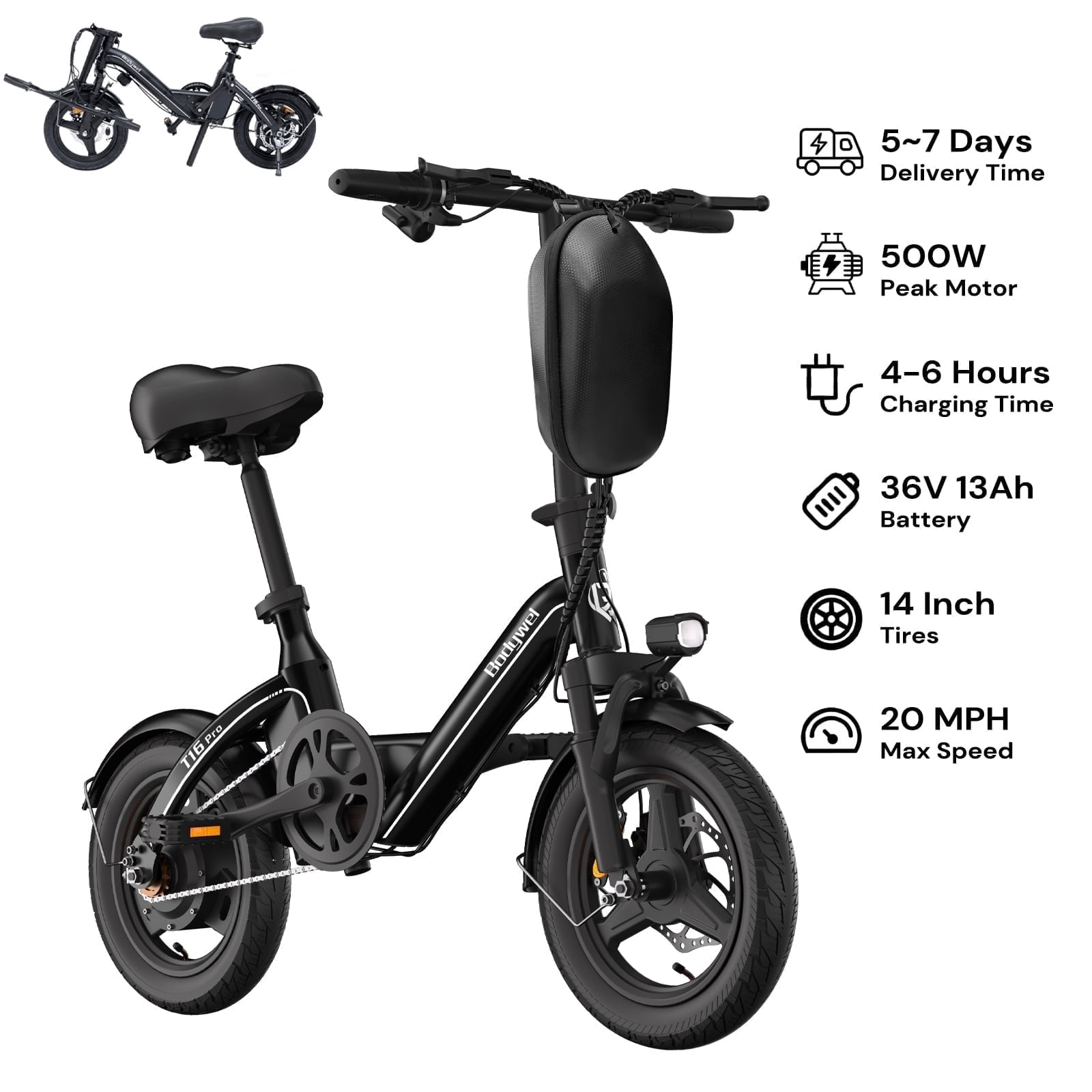 Bodywel 14“ Electric Bike for Adults, Peak 500W Electric Bicycle, 36V 13Ah Battery Folding E Bike, Mini Ebike for City Commuter, UL2849