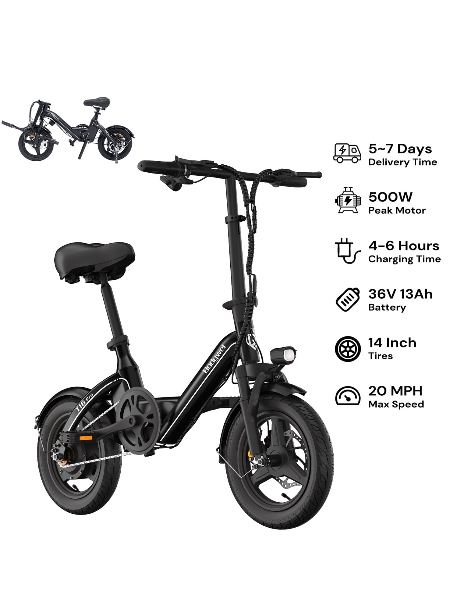 Bodywel 500W Foldable Electric Bike for Adults, 36V 13Ah Battery, 14" Ebike 25Miles, 20MPH Electric Bicycle, Mini E Bike for City Commuter, UL2849