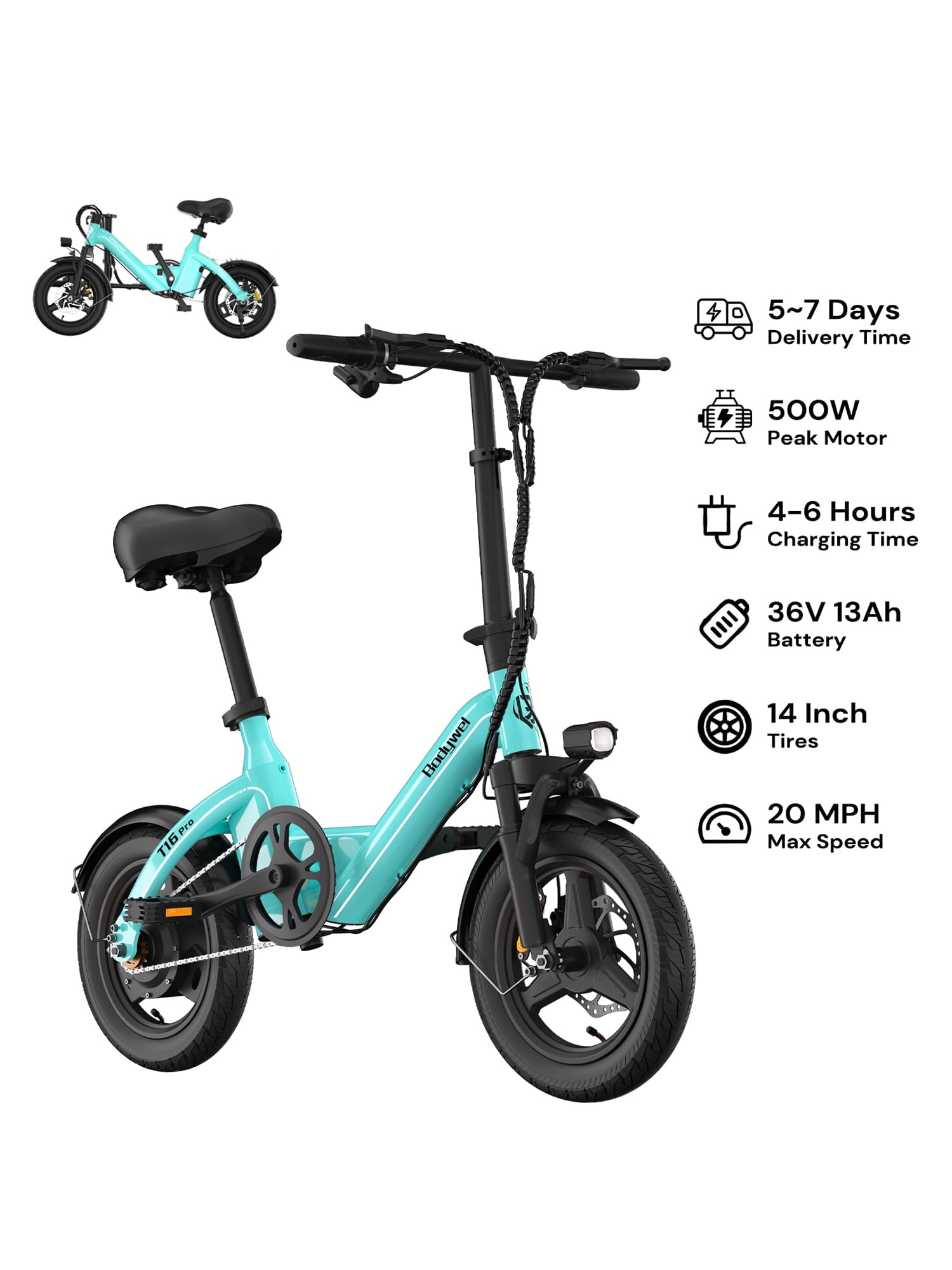 Bodywel 500W Peak Motor Electric Bicycle, Folding Electric Bike for Adults Teens, 36V 13AH Battery, 14'' Commuter Ebike, 25 Miles Mini E Bike, UL2849