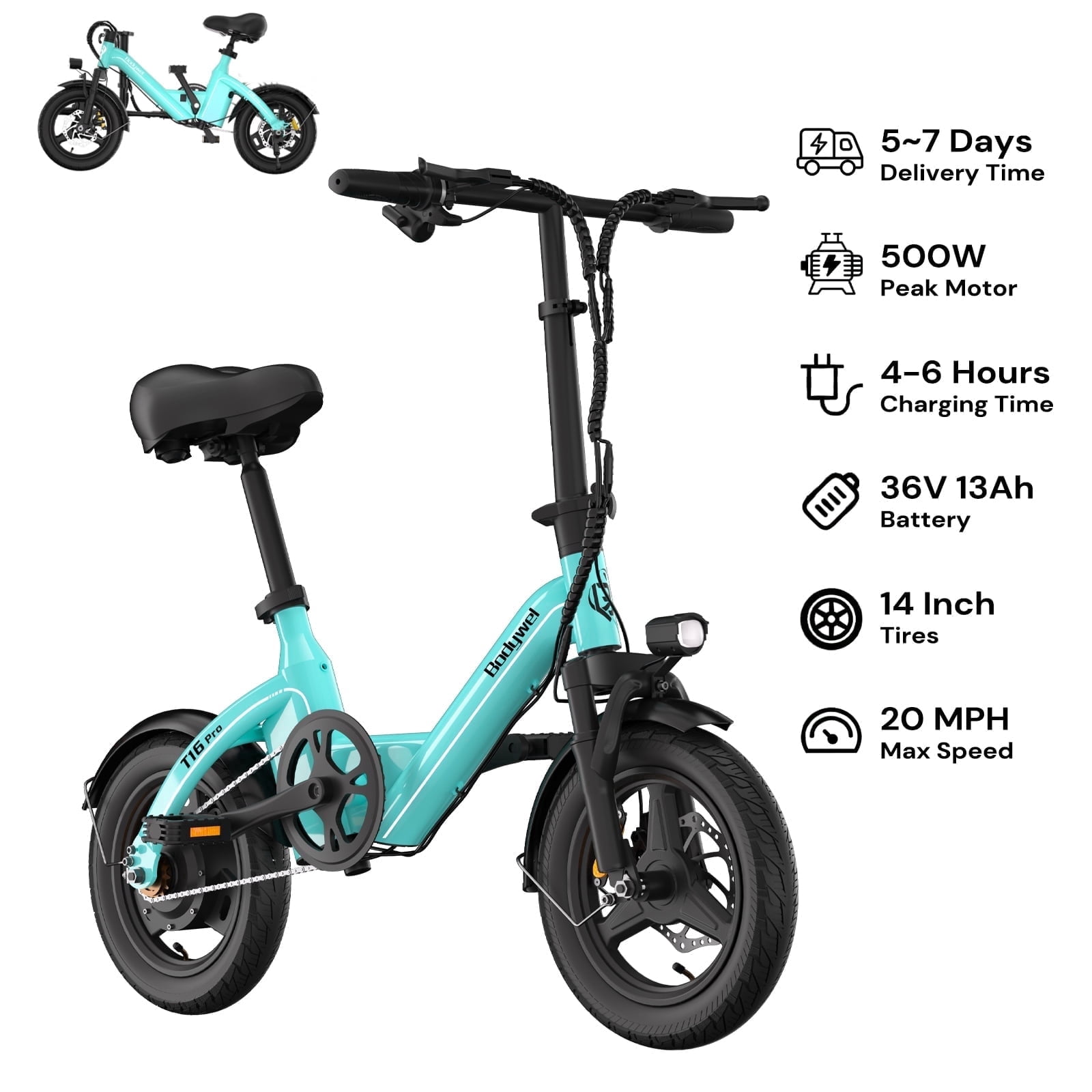 Electric Bicycle, 14" Foldable Bodywel Electric Bike for Adults, Peak 500W Motor Ebike, 36V 13Ah Battery, 20mph Max, Commuting Mini E Bikes, UL 2849