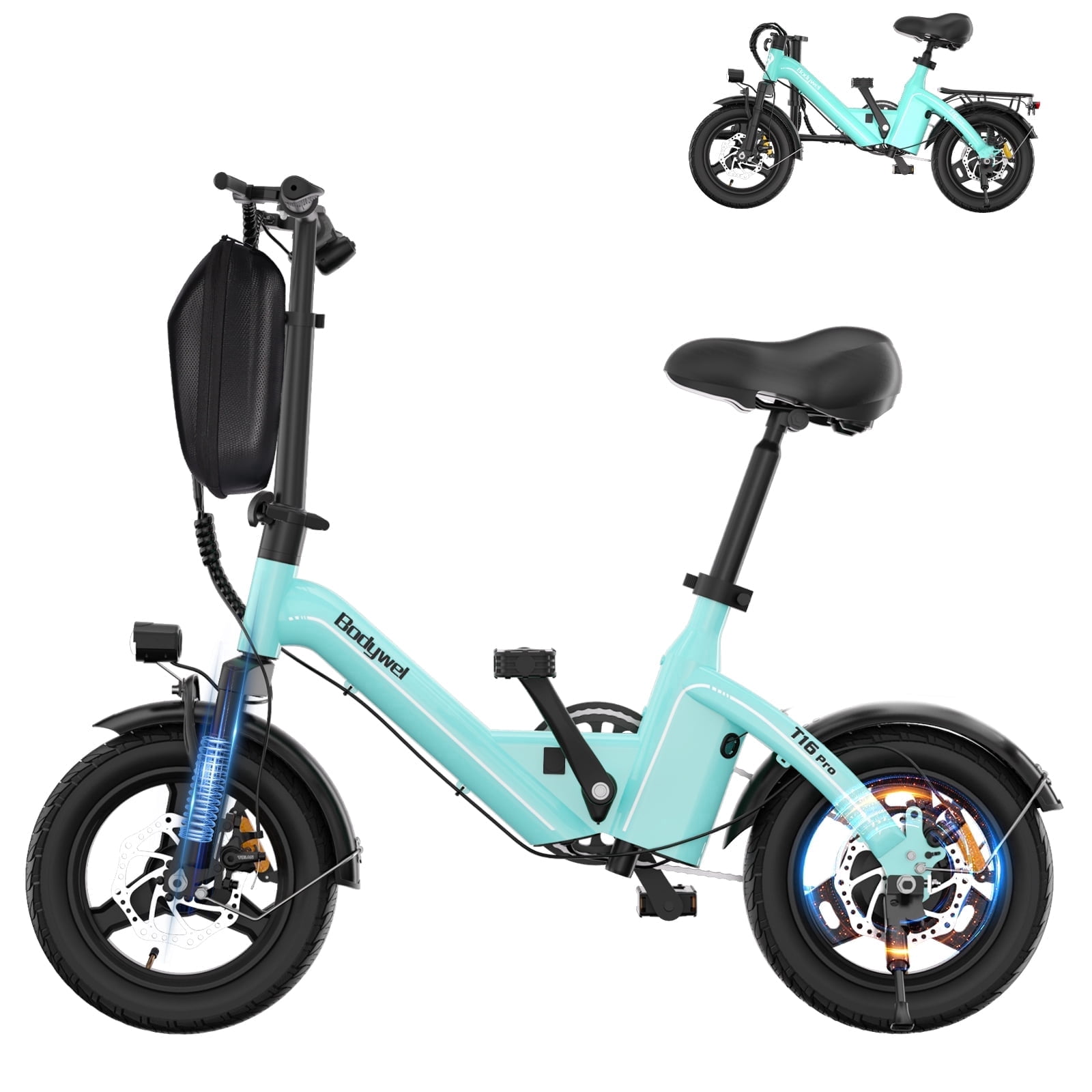 E Bike for Adults, 14" Folding Electric Bike 25 Miles, Bodywel Blue Electric Bicycle, 500W Peak, 36V 13Ah  Battery, Mini Ebike for Commuting‌, UL 2849