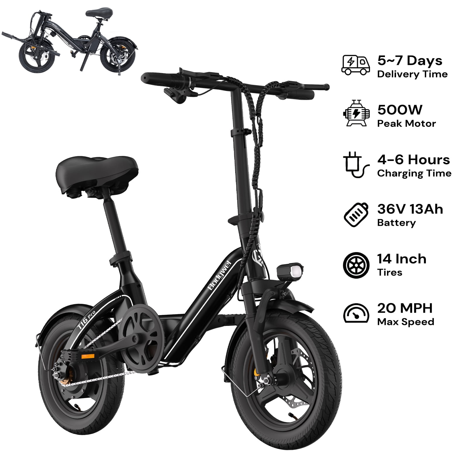 Bodywel Electric Bike for Adults, Electric Bicycle with 36V 10AH Battery, 14" Folding Ebike, 500W Motor, 20MPH Mini E Bike for City Commuter, UL2849
