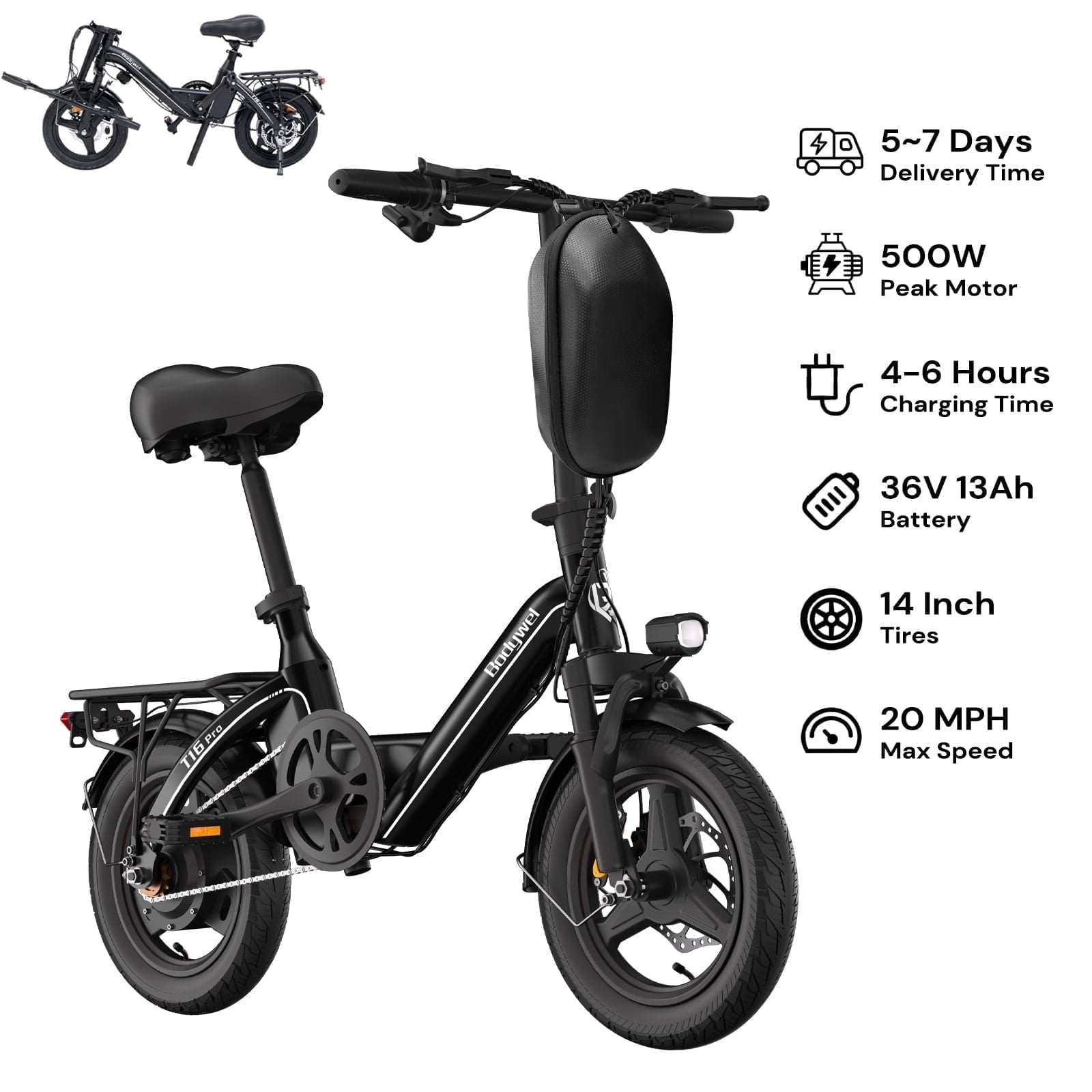 Bodywel T16PRO Black Electric Bike, 500W Peak Folding Electric Bicycle, 14" Mini Ebike for City Commuter, E Bike with 36V 13Ah Battery, UL2849