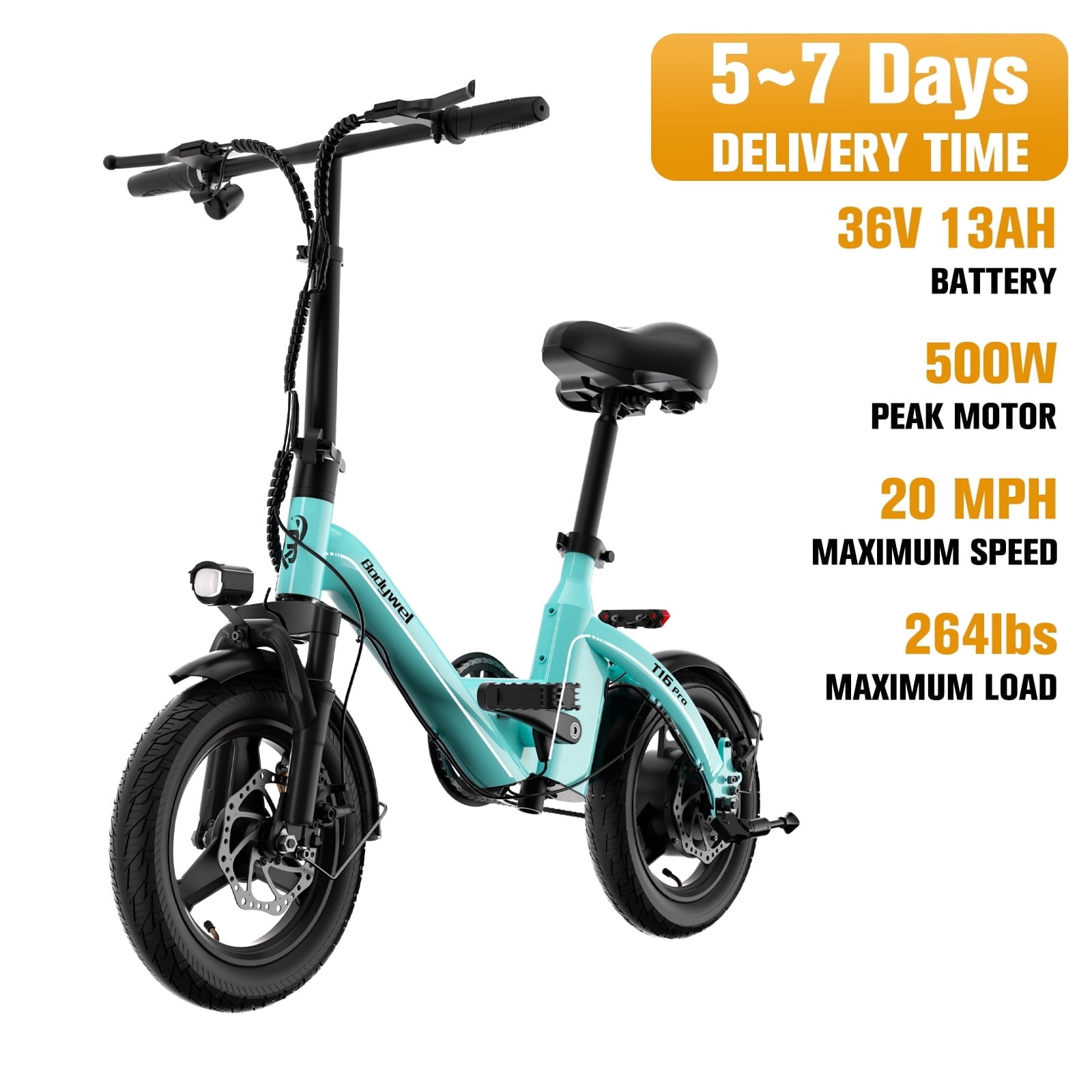 Bodywel 14" Folding Electric Bike, 500W Peak Electric Bicycle for Adults, Ebike with 36V 13Ah Battery, 25 Miles Range, E Bike for Commuting‌, UL2849