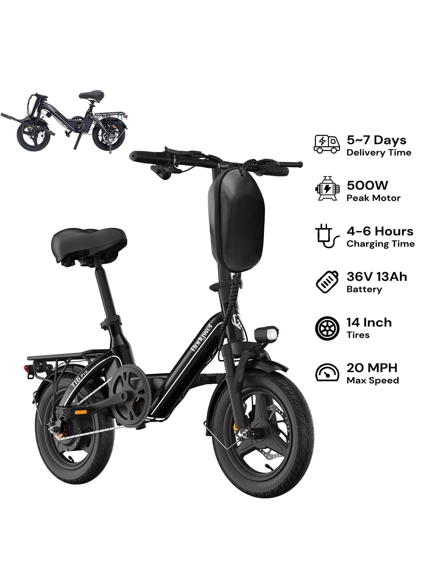 Bodywel T16pro Electric Bike, 500W Peak Motor, 14" Folding Electric Bicycle for Adults, 36V 13A Battery E Bike, Mini Ebike for City Commuter, UL2849