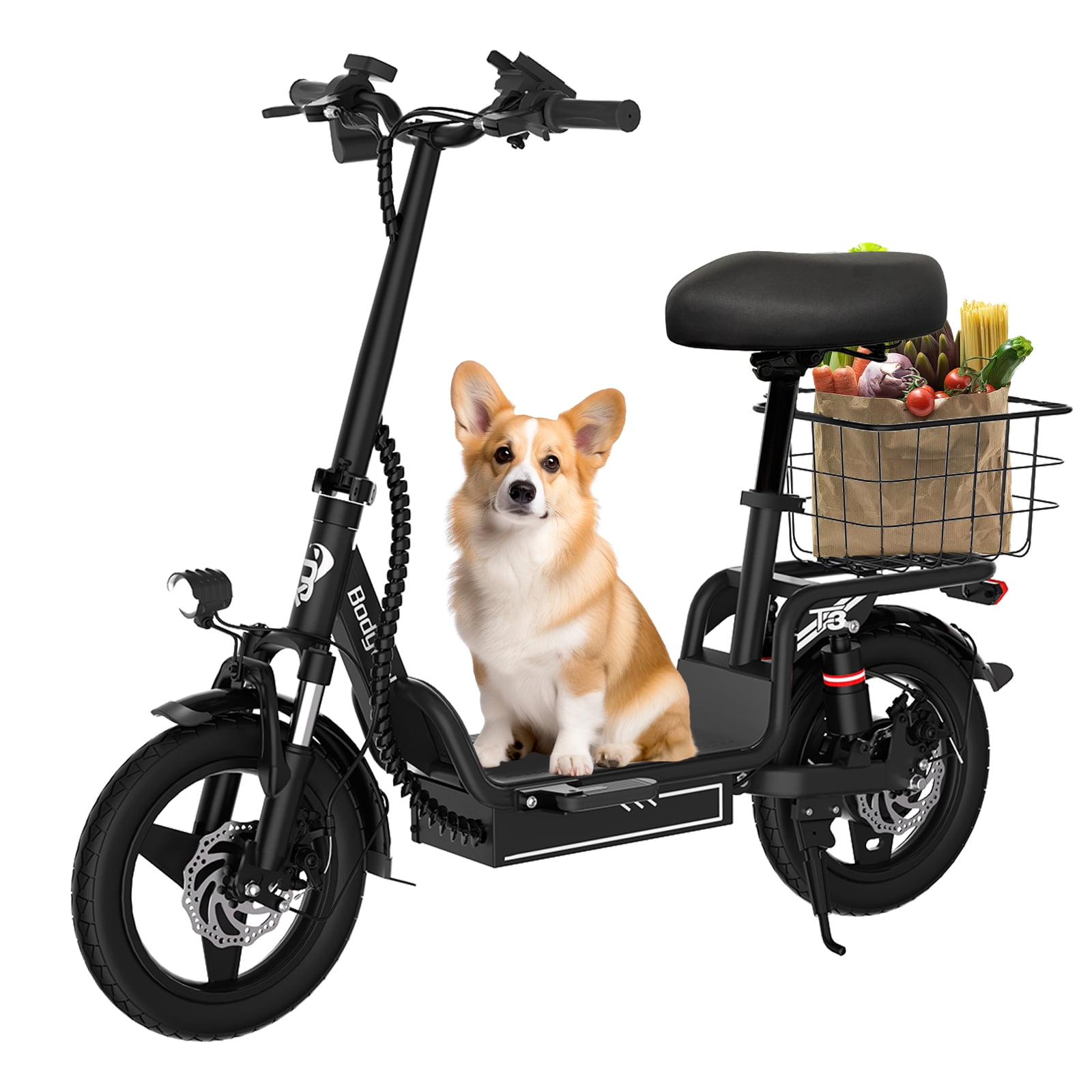Bodywel T3 Folding Electric Bike with Basket, Peak 750W Motor 48V 13Ah, Electric Scooter with Seat for Adults, Sand Deck for Pets, Urban Commuter