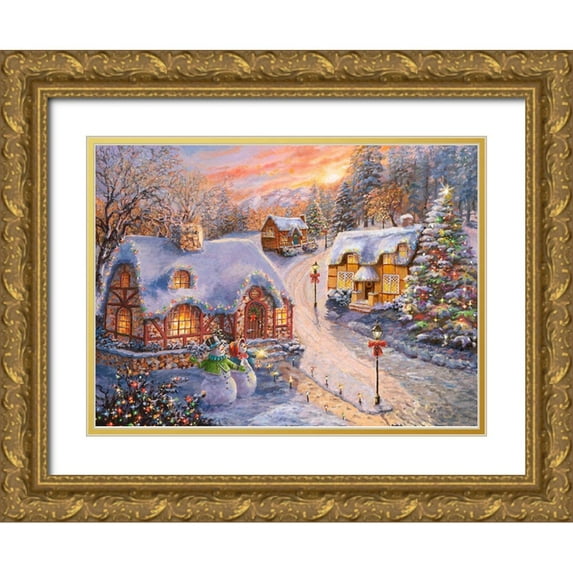 Boehme, Nicky 32x25 Gold Ornate Wood Framed with Double Matting Museum Art Print Titled - Winter Cottage Glow