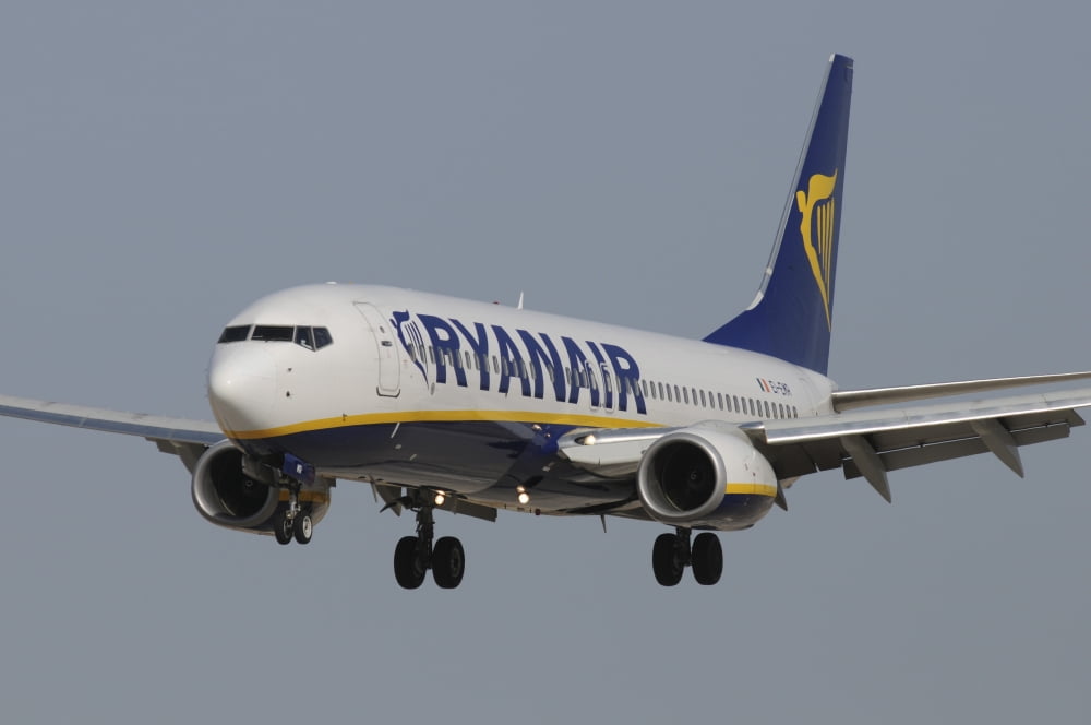 Boeing 737 from Ryanair airlines prepares for landing Canvas Art - Riccardo NiccoliStocktrek Images (34 x 23)